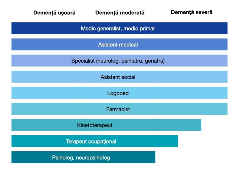 Diagrama prezintă grupurile profesionale implicate în îngrijirea demenței, în funcție de severitatea demenței (ușoară, moderată, severă). La fiecare nivel de severitate, sunt implicați următorii: medici generaliști, asistenți medicali, specialiști (neurologi, psihiatri, geriatri), asistenți sociali, terapeuți de vorbire și limbaj și farmaciști. Fizioterapeuții și terapeuții ocupaționali sunt implicați în demența ușoară și moderată și doar parțial în demența severă, fizioterapeuții fiind implicați mai mult decât terapeuții ocupaționali. Psihologii și neuropsihologii sunt implicați în demența ușoară și moderată.