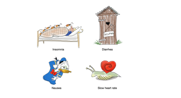 An illustration shows the side effects of cholinesterase inhibitors: insomnia, diarrhea, nausea, slow heart rate. 