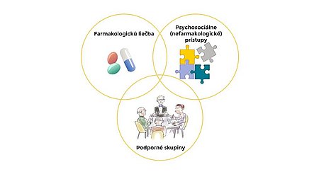 Na grafe sú znázornené 3 kruhy, ktoré sa prekrývajú a znázorňujú zložky liečby demencie: Zastúpenie ikonami pre farmakologickú liečbu (tabletky), nefarmakologickú intervenciu (puzzle) a podporu príbuzných (skupina príbuzných).