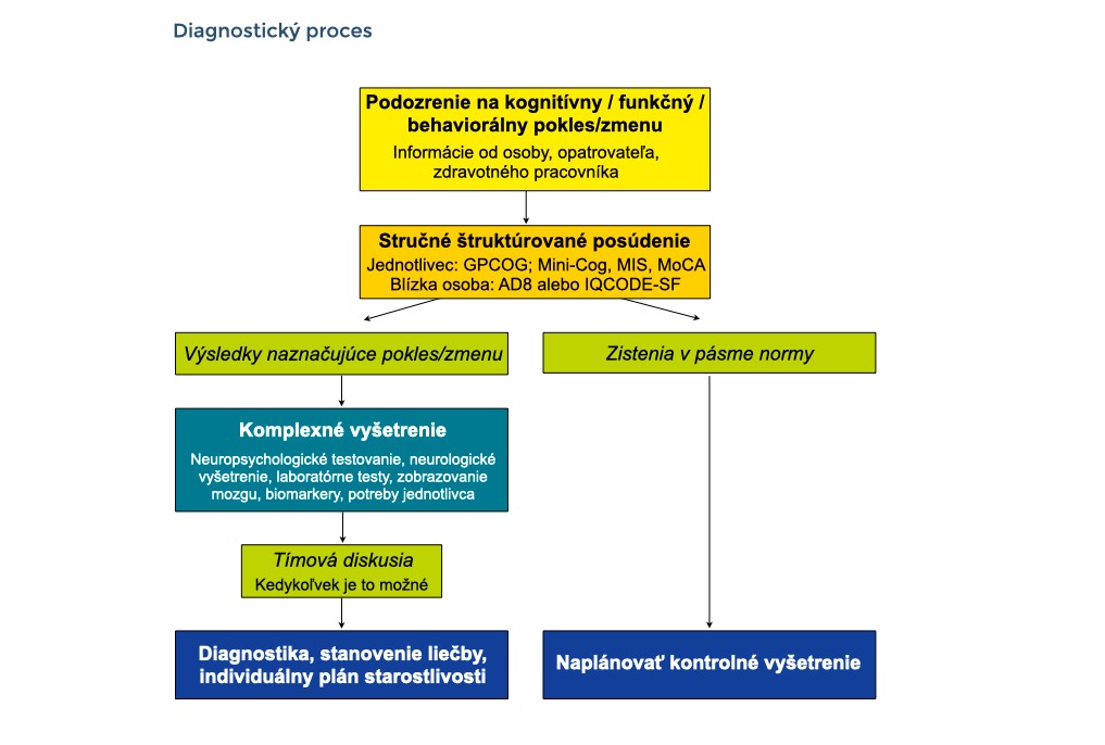 Proces diagnostikovania demencie: kroky k diagnostikovaniu demencie sú znázornené tak, ako sú opísané v texte na tejto strane.